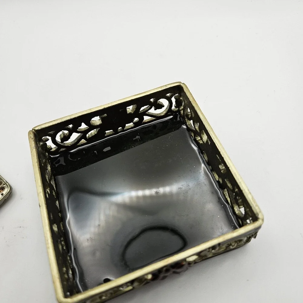 Ornate Square Enamel Floral Filigree Trinket Box with Rhinestone Accents 3